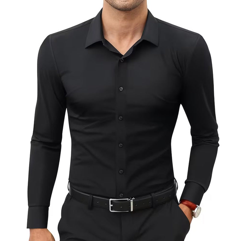 Camisa blanca elástica de manga larga con botones para hombre, tallas grandes.