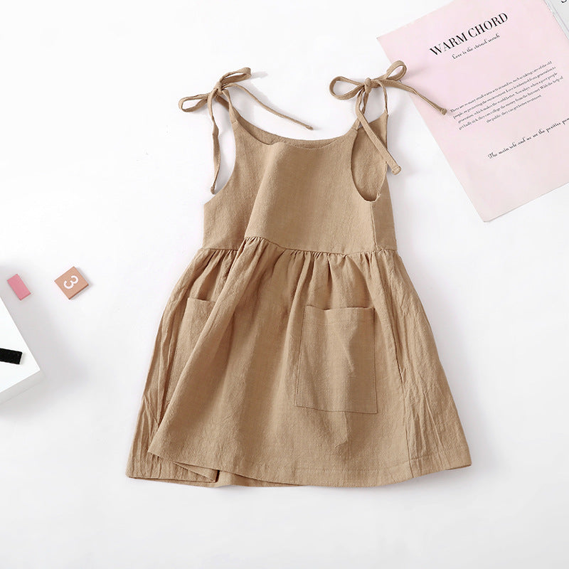 Vestido de Verano para Niña de Algodón y Lino con Bolsillo Lateral — Color Liso