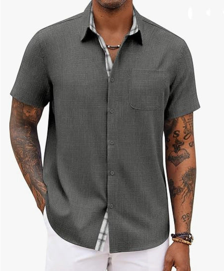 Camisa de Lino Holgada Color Liso para Hombre