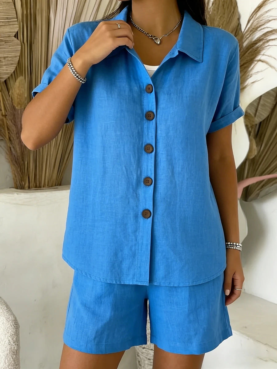 Conjunto de camisa informal de manga corta para mujer — algodón y lino con botones
