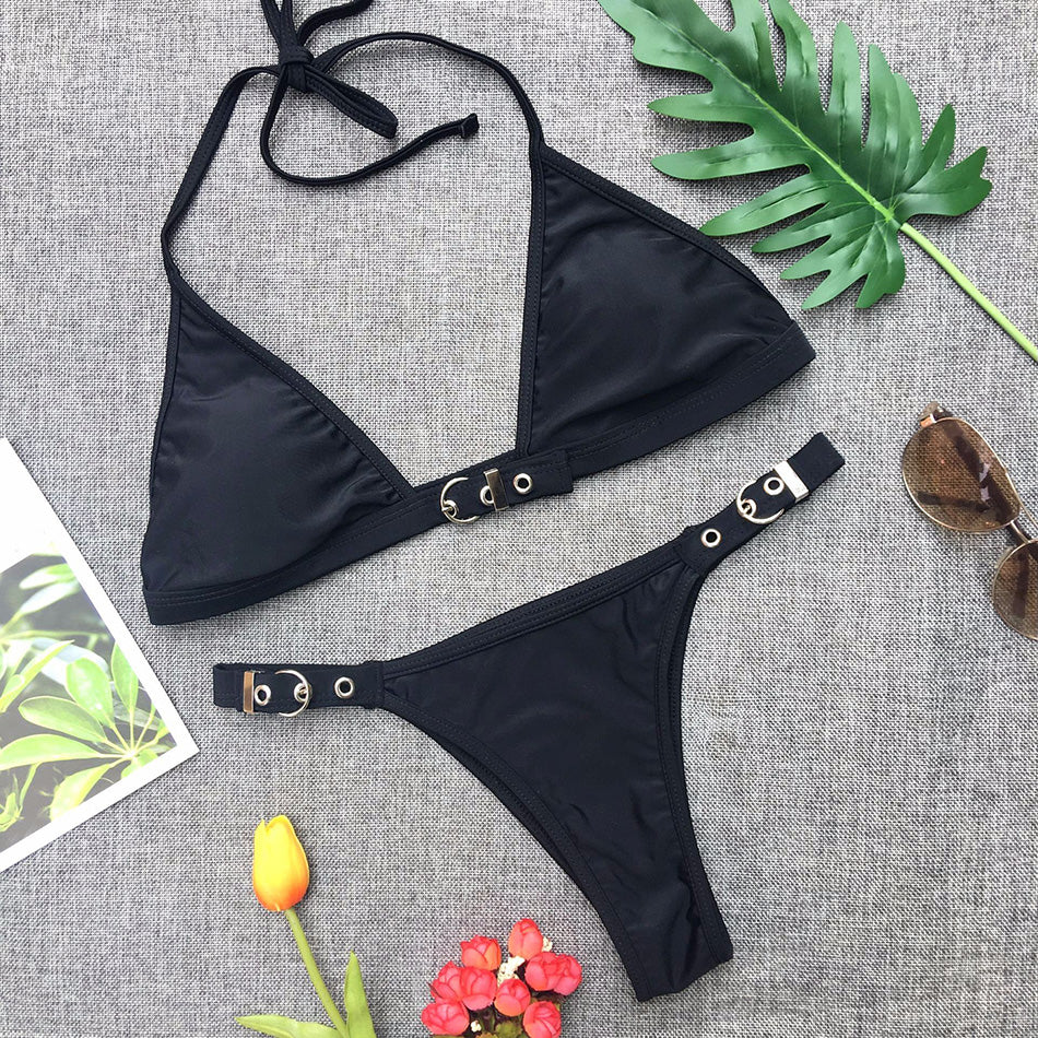 Traje de baño ajustable para mujer, bikini sexy, traje de baño liso, bikini tanga negro para mujer, traje de baño brasileño