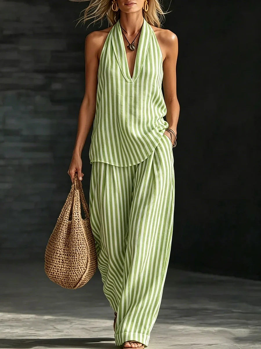 Conjunto de dos piezas a la moda para mujer: pantalón ancho a rayas.
