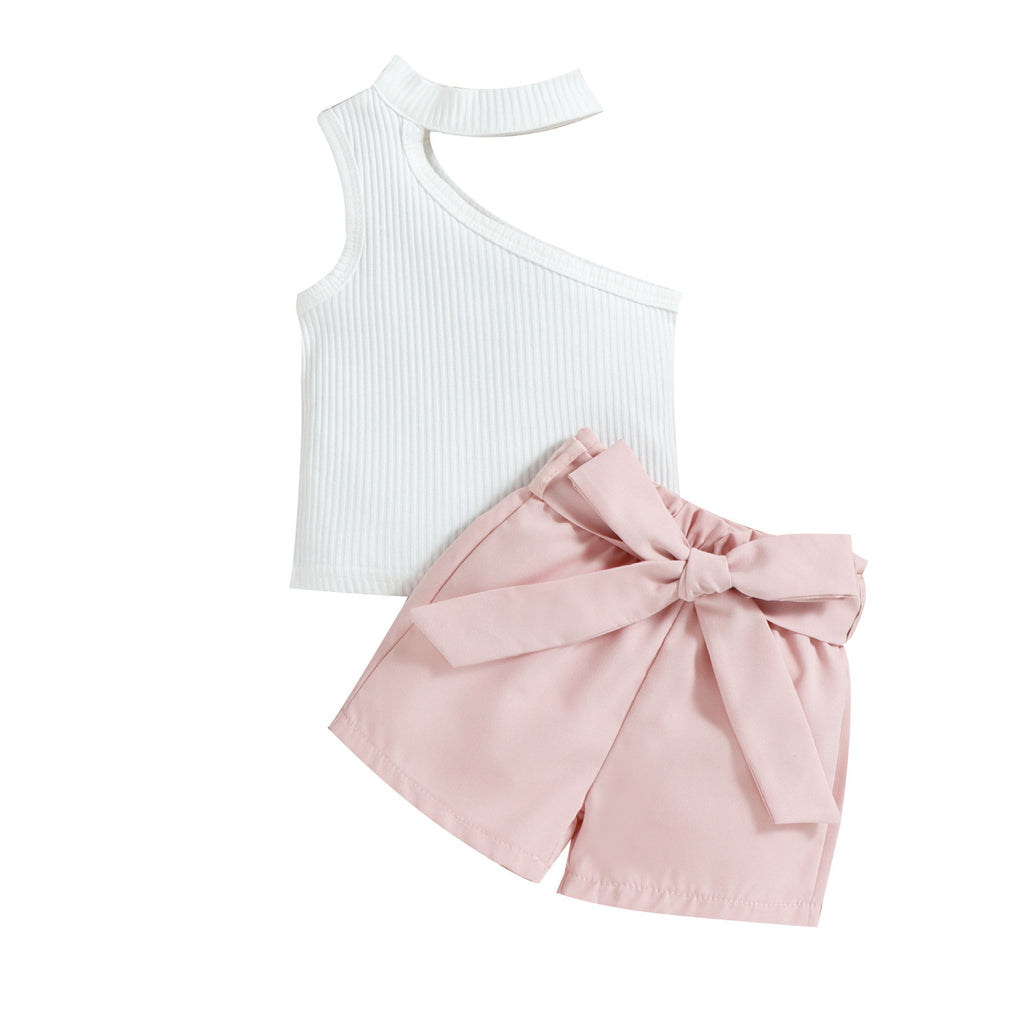 Conjunto de Niña Sin Mangas con Hombros Inclinados y Shorts con Lazo — Algodón
