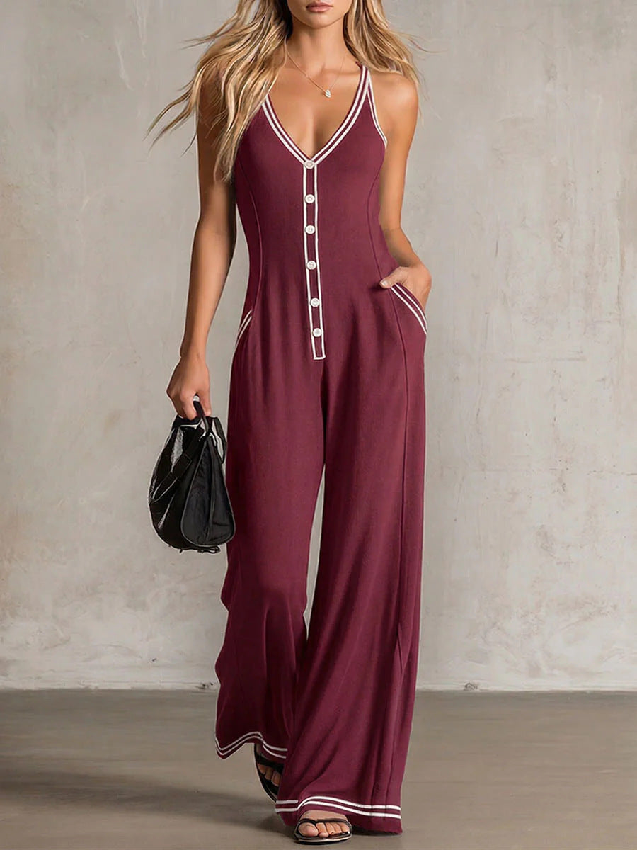 Mono informal de mujer con escote en V, espalda descubierta y perneras anchas.