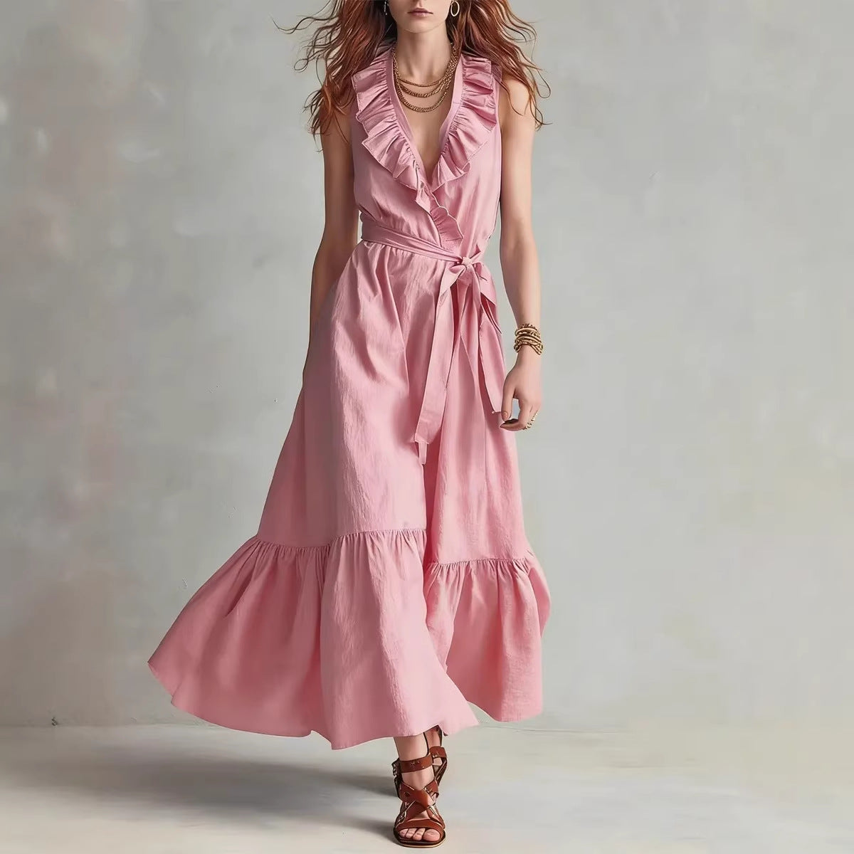 Vestido sin mangas con escote en V y cordones
