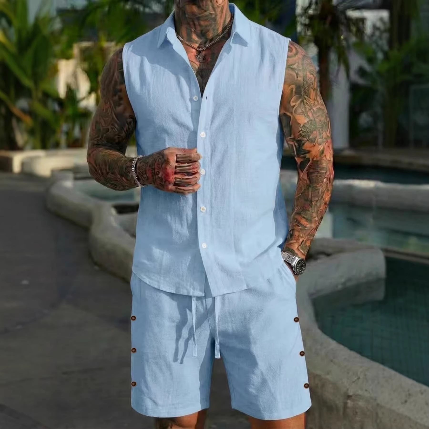 Conjunto fresco de lino para hombre — camisa manga corta y shorts