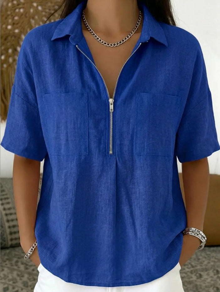 Camisa Informal Manga Corta Cuello V Cremallera Holgada para Mujer