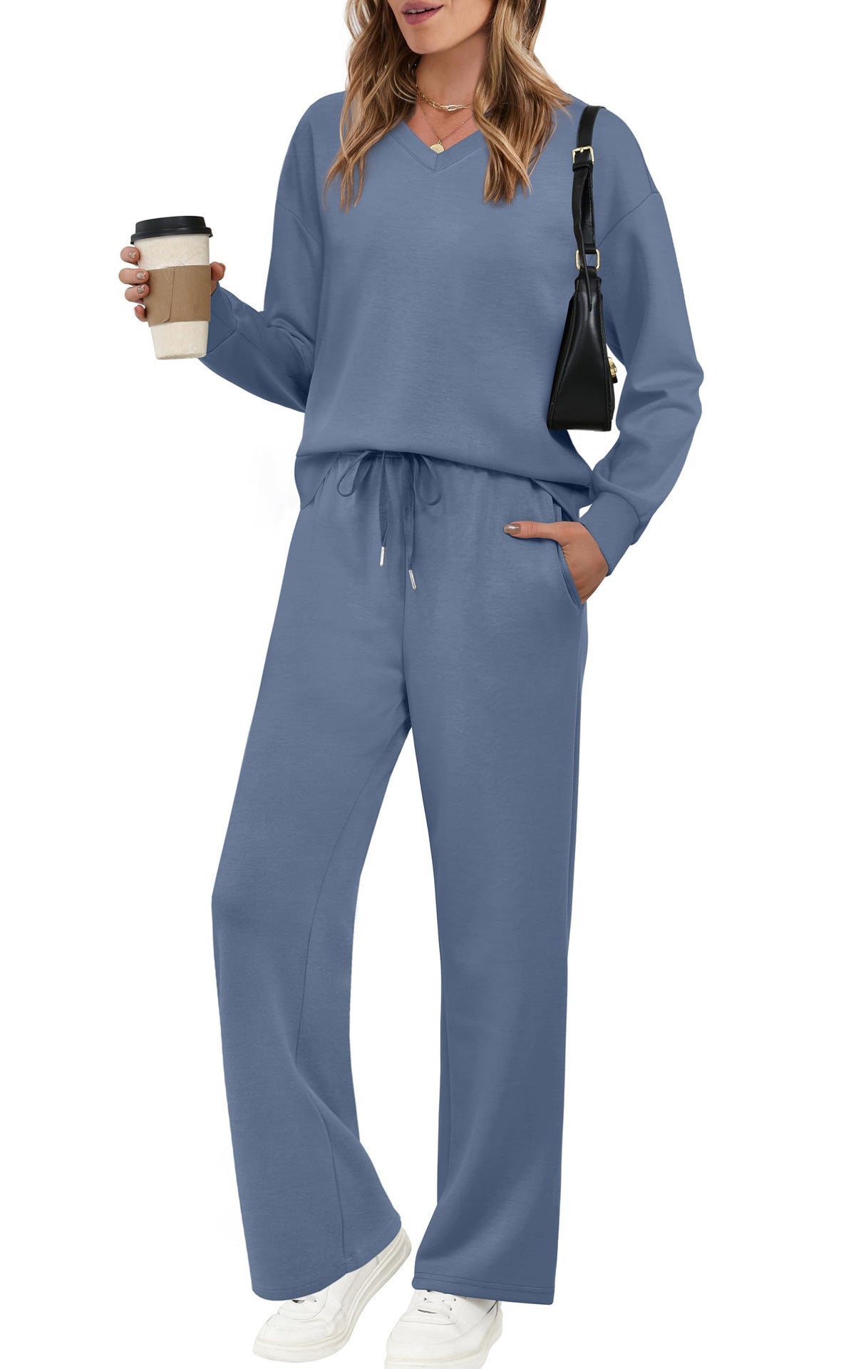 Conjunto de pantalón casual de color liso con cordón y manga larga