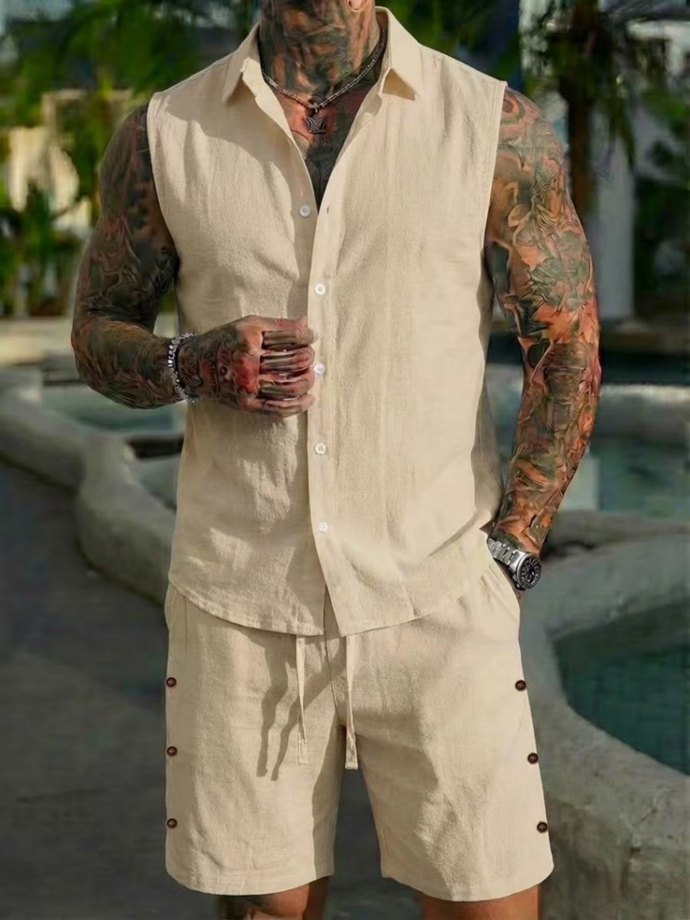 Conjunto fresco de lino para hombre — camisa manga corta y shorts