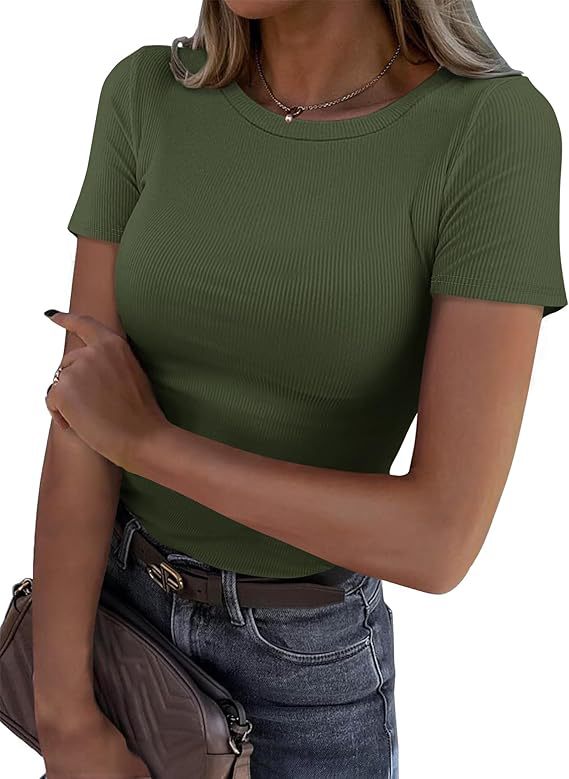 Camiseta de Manga Larga Elástica Cuello Redondo Acanalada para Mujer
