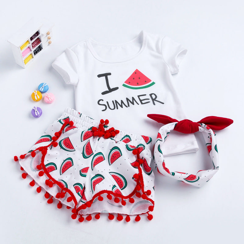 Baby girl summer set: short sleeve t-shirt, shorts and headband