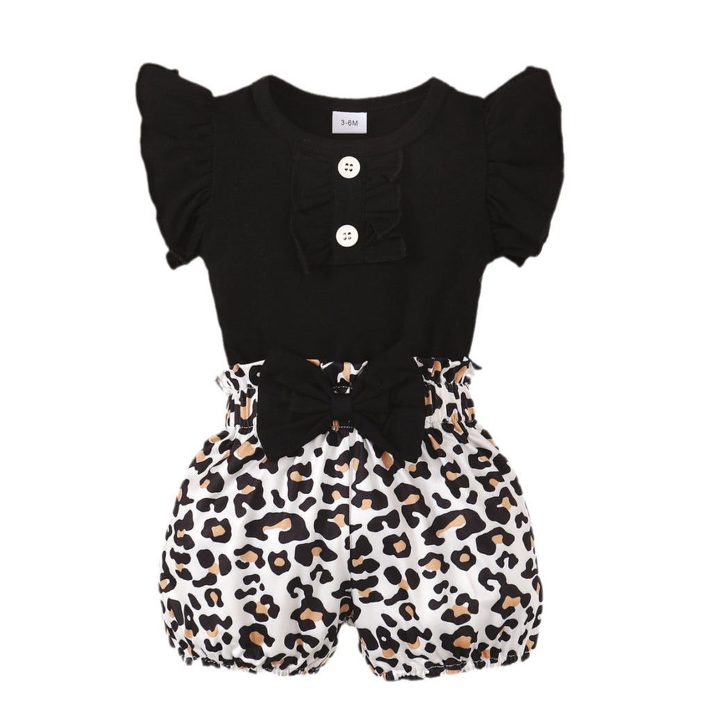 Mono Infantil con Lazo y Pantalón Corto de Estampado Leopardo — Algodón Bebé