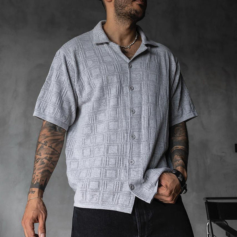 Camisa de Hombre de Manga Corta con Cuello Solapa y Calados