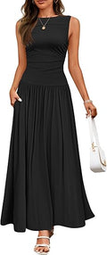 Vestido largo de verano sin mangas para mujer, estilo casual, cuello redondo, plisado, elegante, con bolsillos.