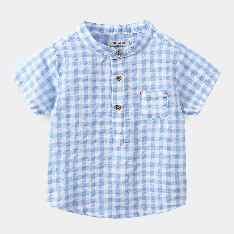 Camisa Infantil de Algodón a Cuadros Azul de Manga Corta — Clásica y Fresca