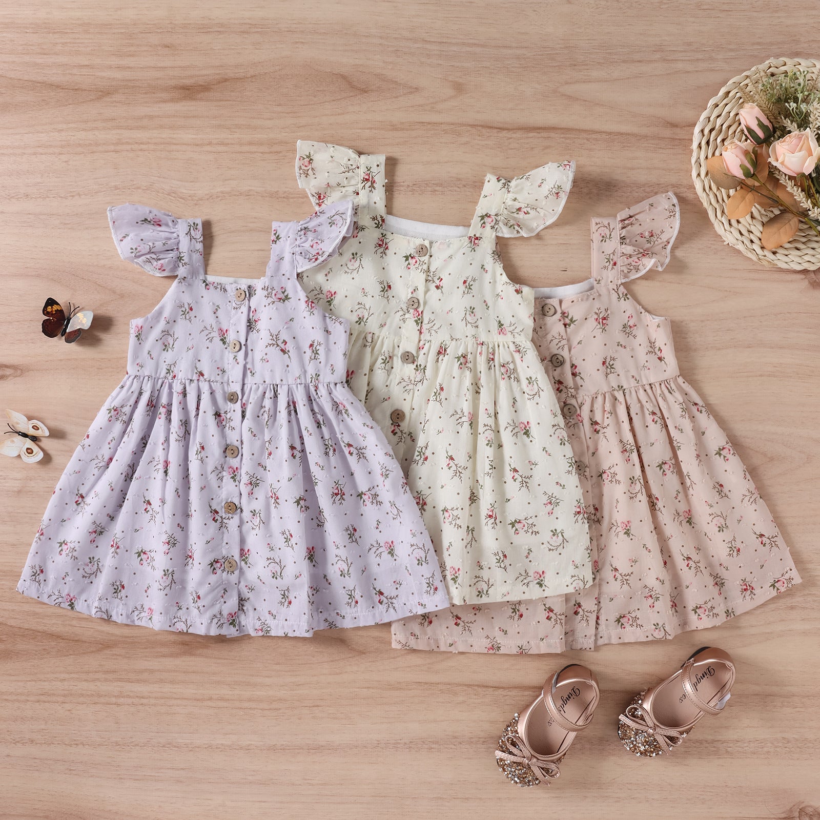 Vestido Lencero Infantil Tricolor con Estampado Floral y Mangas Cortas — Algodón