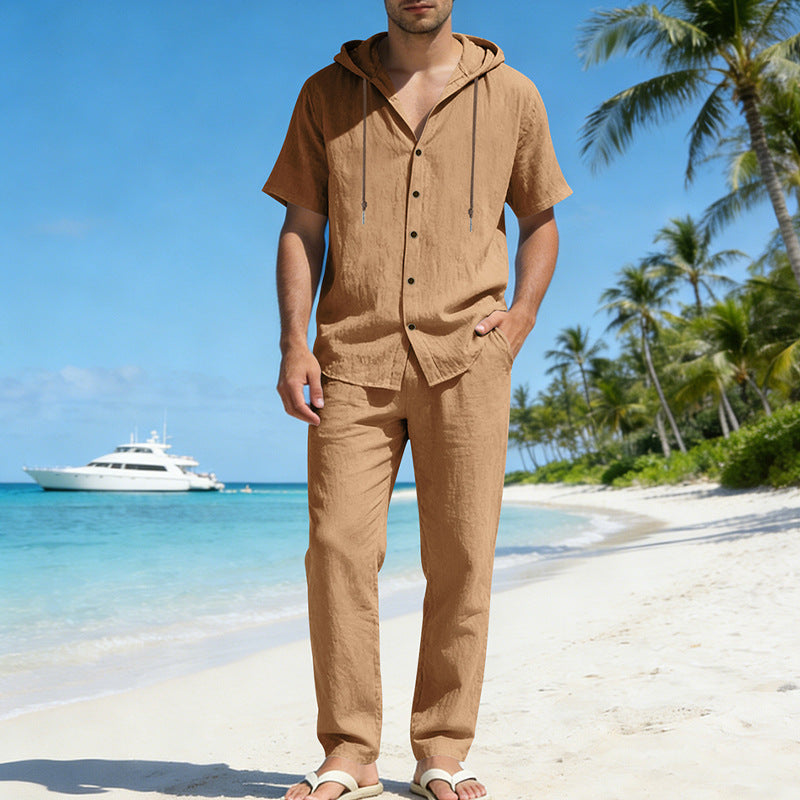 Conjunto de camisa de manga corta con capucha, holgada e informal para hombre, ideal para el verano