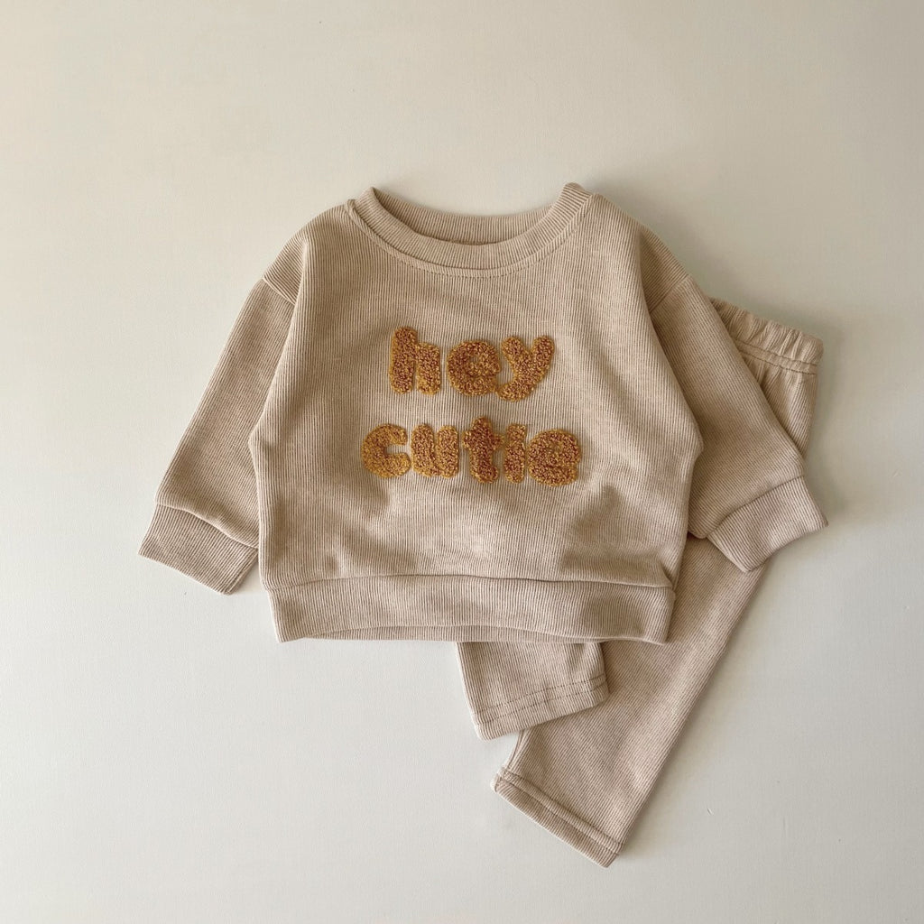Newborn Baby Long Sleeve Two-Piece Set with Alphabet Embroidery, ideal for spring and autumn.