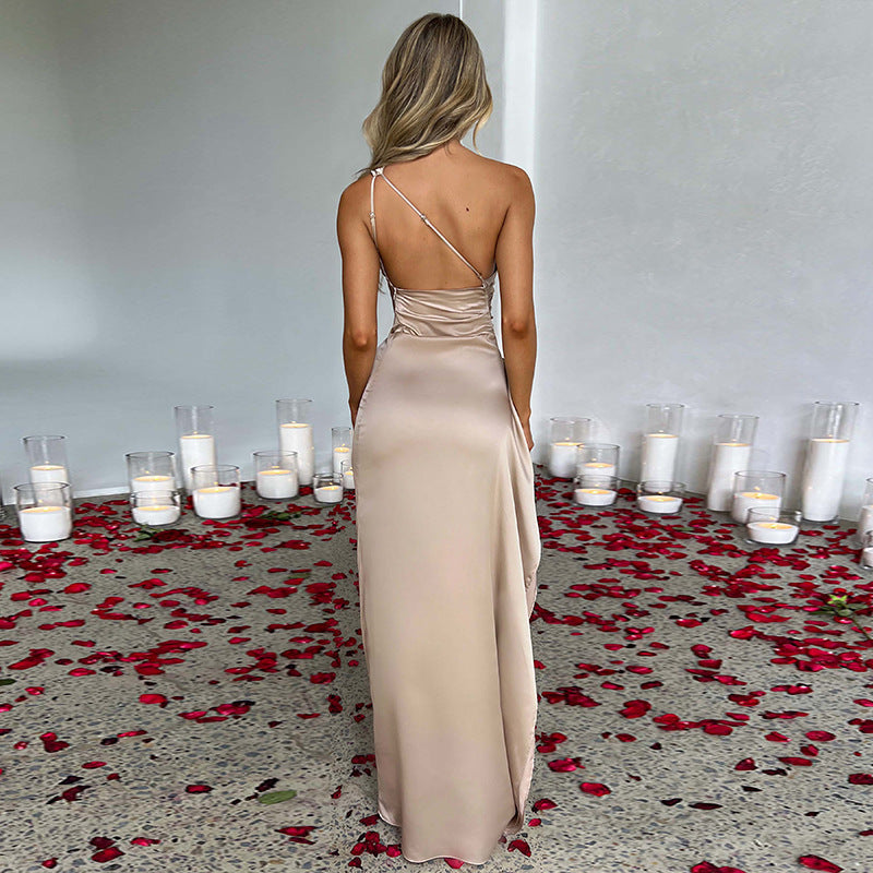 Vestido de un solo hombro, espalda descubierta y abertura, elegante vestido de verano ajustado de satén de color liso para mujer.