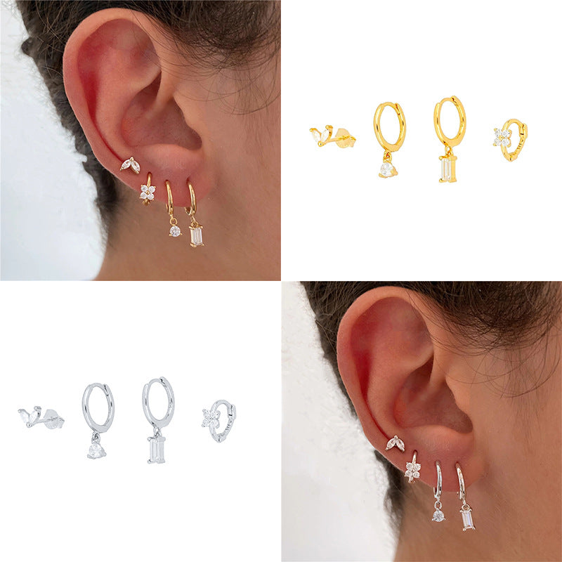 Conjunto de pendientes apilables con circonitas y forma de flor de ojo de caballo geométrico