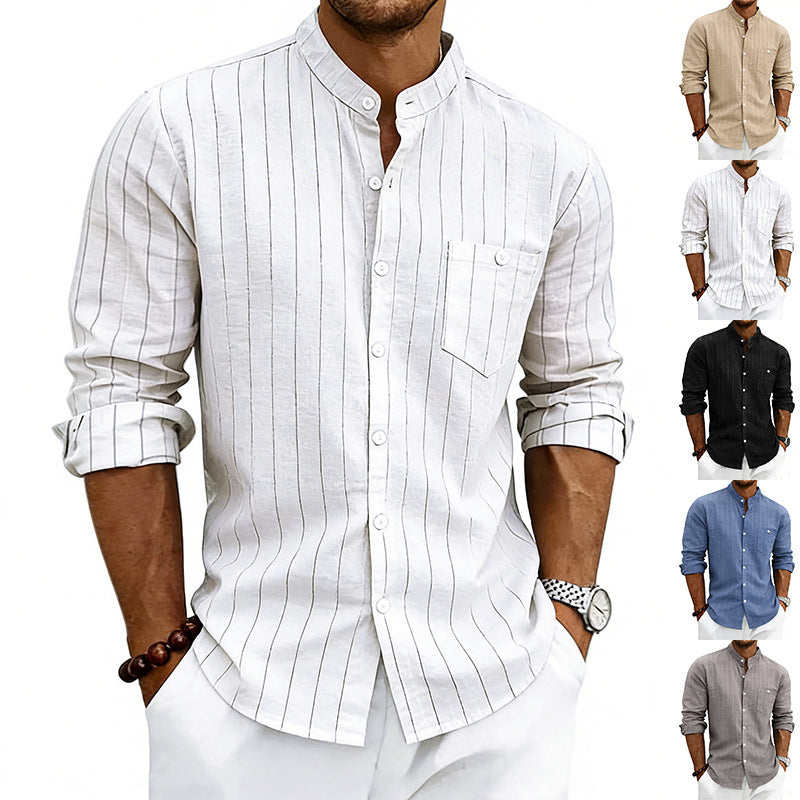 Camisa informal de manga larga con cuello alto y estampado jacquard de lino a rayas, corte holgado.