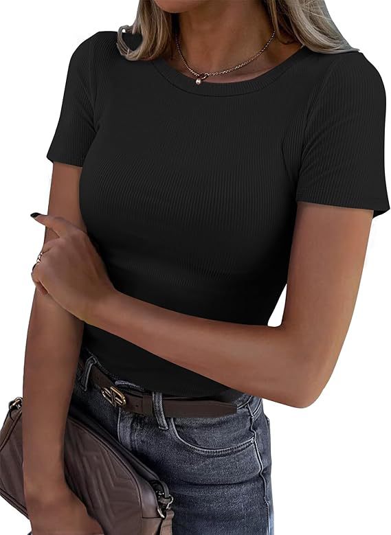 Camiseta de Manga Larga Elástica Cuello Redondo Acanalada para Mujer