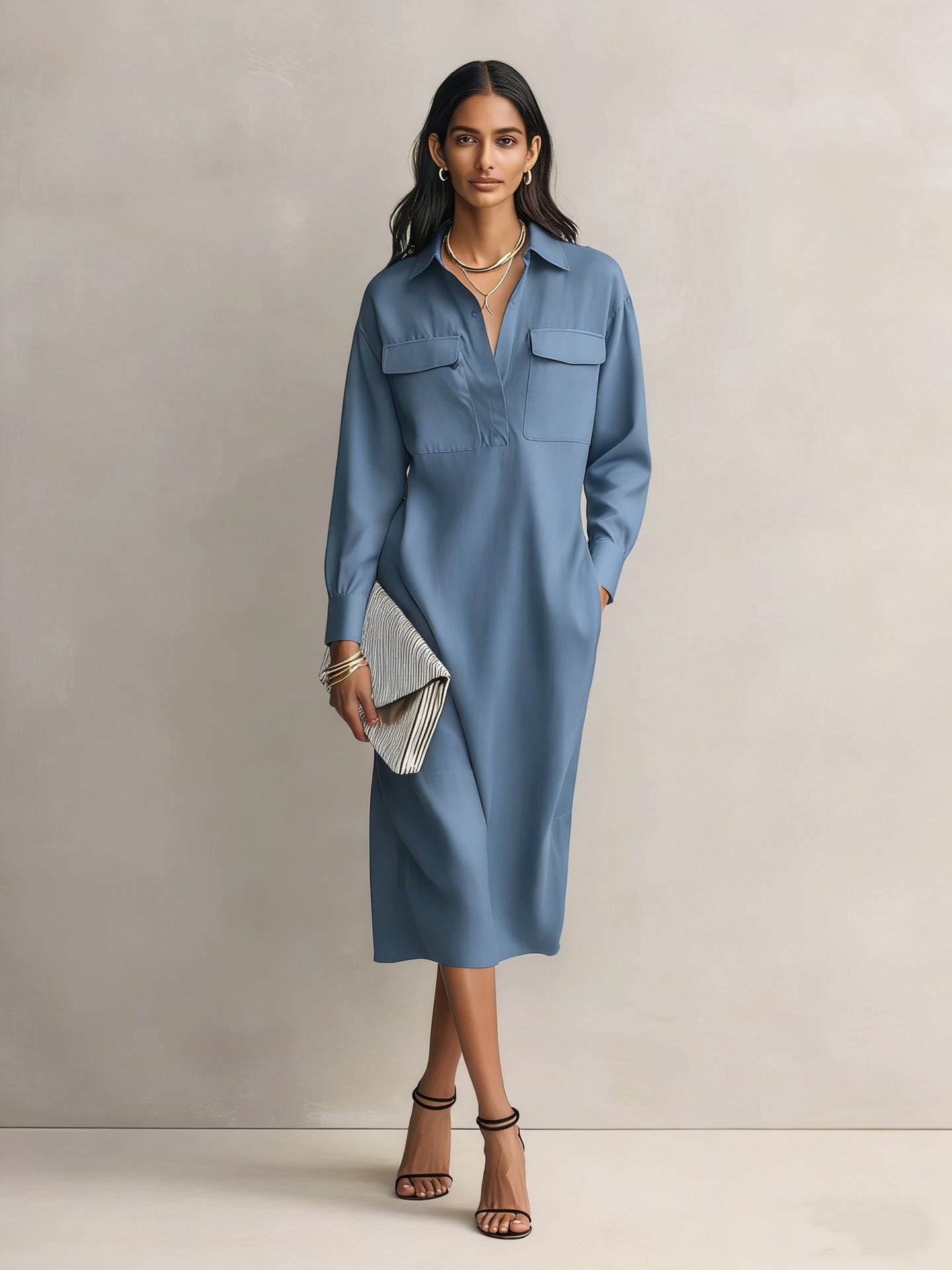 Vestido Camisero Elegante Estilo Francés Mujer