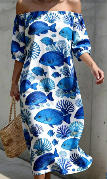 Vestido informal manga corta holgado plisado con hombros descubiertos