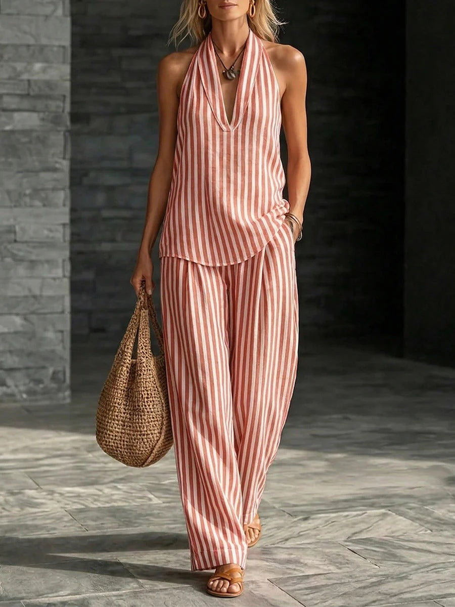 Conjunto de dos piezas a la moda para mujer: pantalón ancho a rayas.