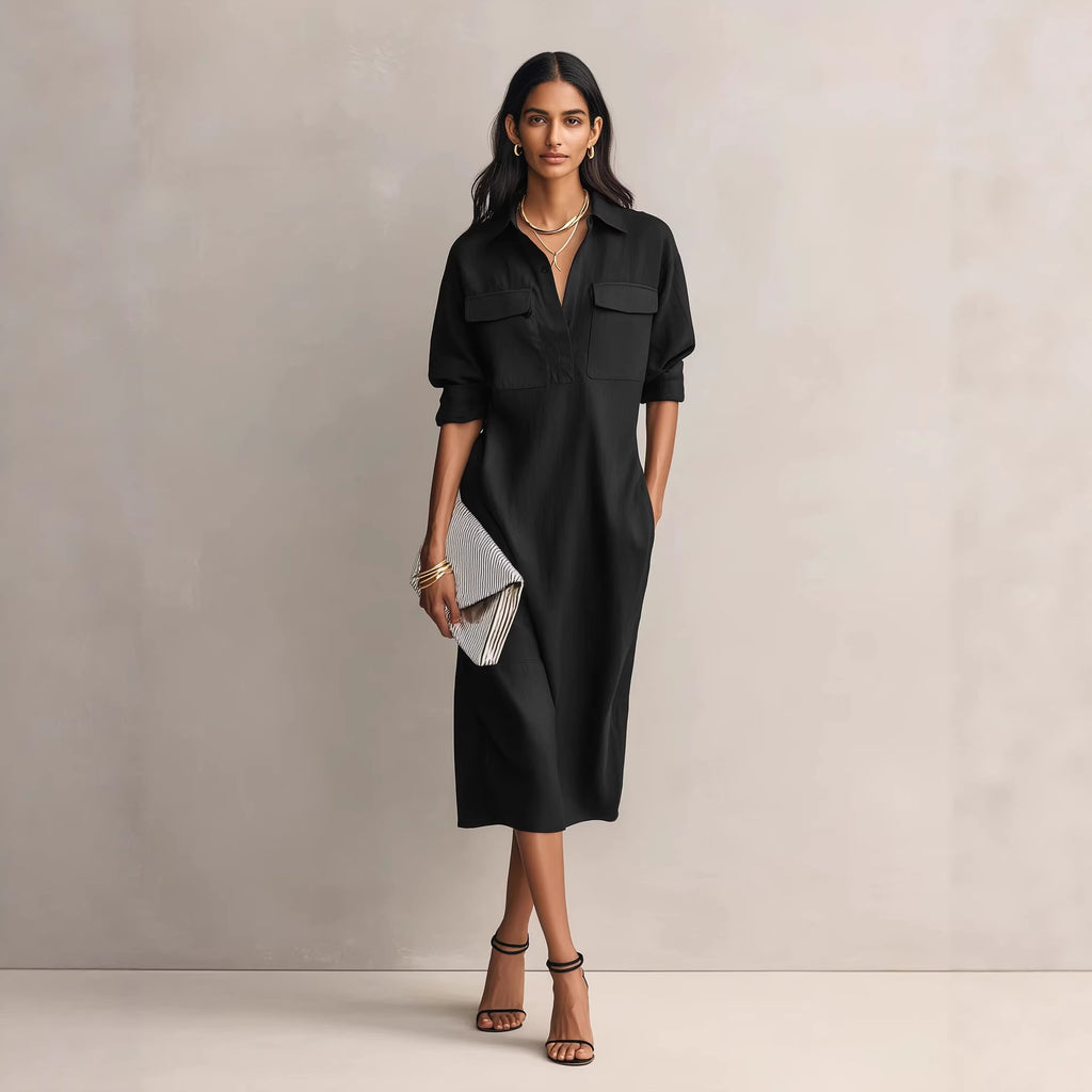 Women's French-style Elegant Commuter Shirt Dress With A Defined Waist, Slimming Fit