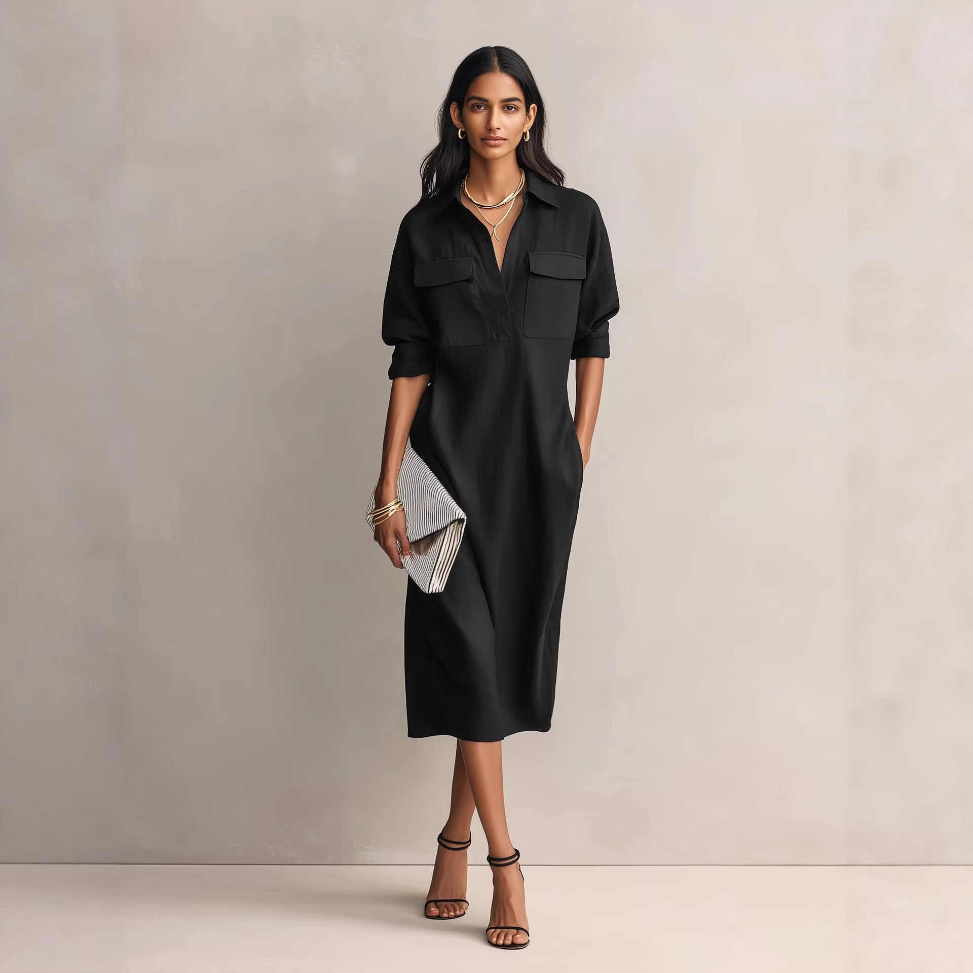 Vestido Camisero Elegante Estilo Francés Mujer