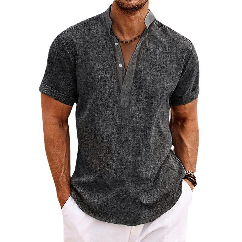 Cárdigan corto de manga corta para hombre con cuello alto, de algodón y lino.