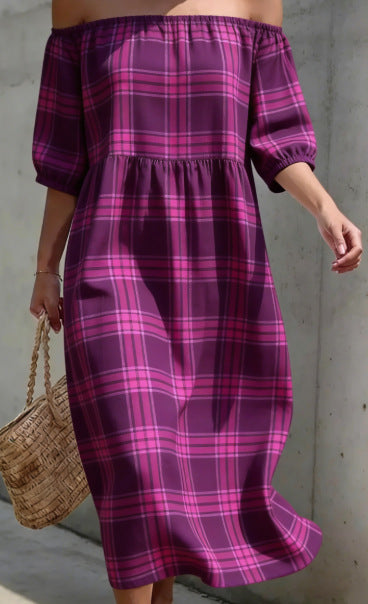 Vestido informal manga corta holgado plisado con hombros descubiertos