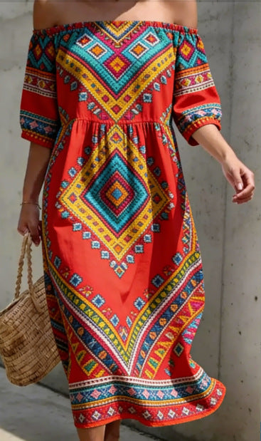 Vestido informal manga corta holgado plisado con hombros descubiertos