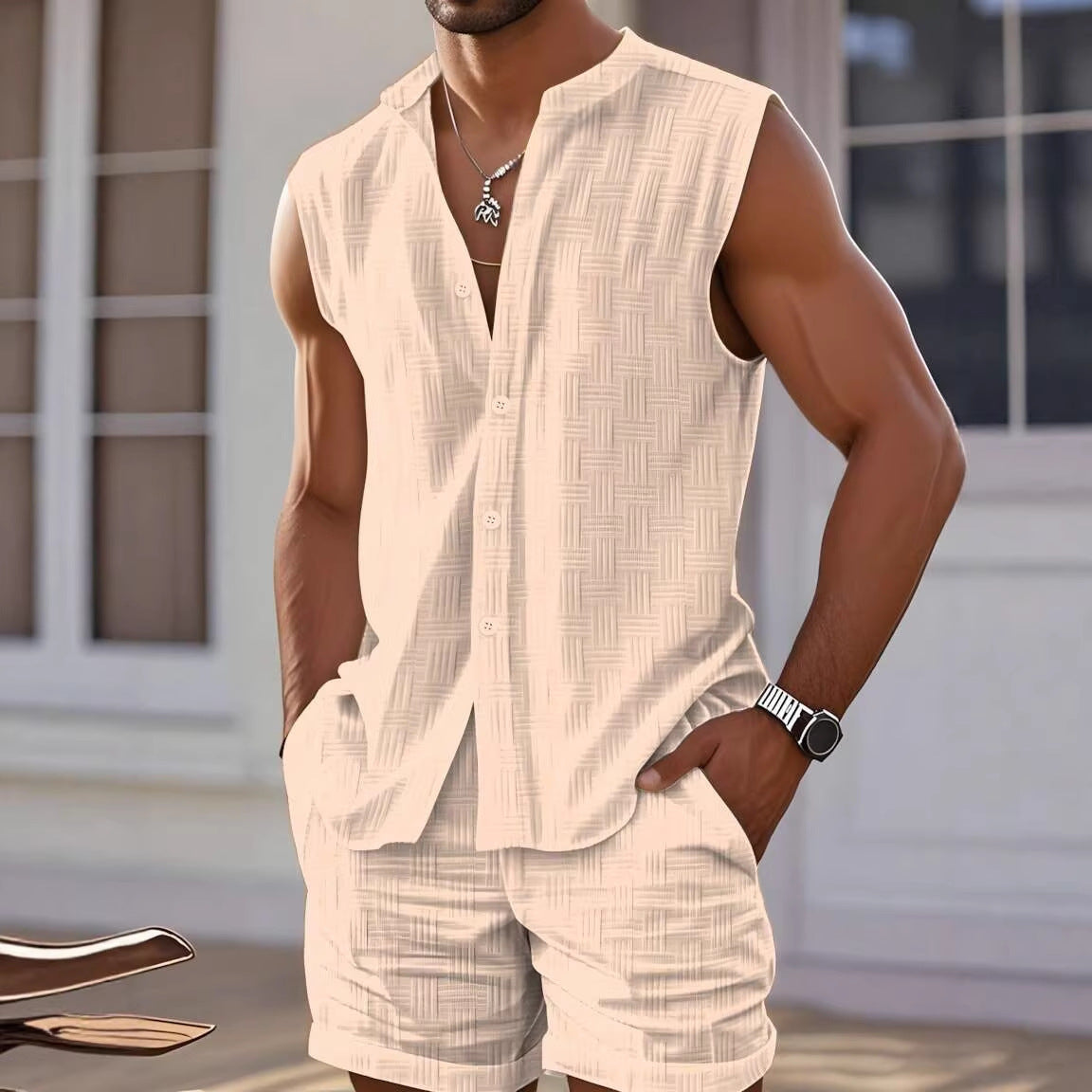 Conjunto deportivo informal sin mangas para hombre con cuello redondo
