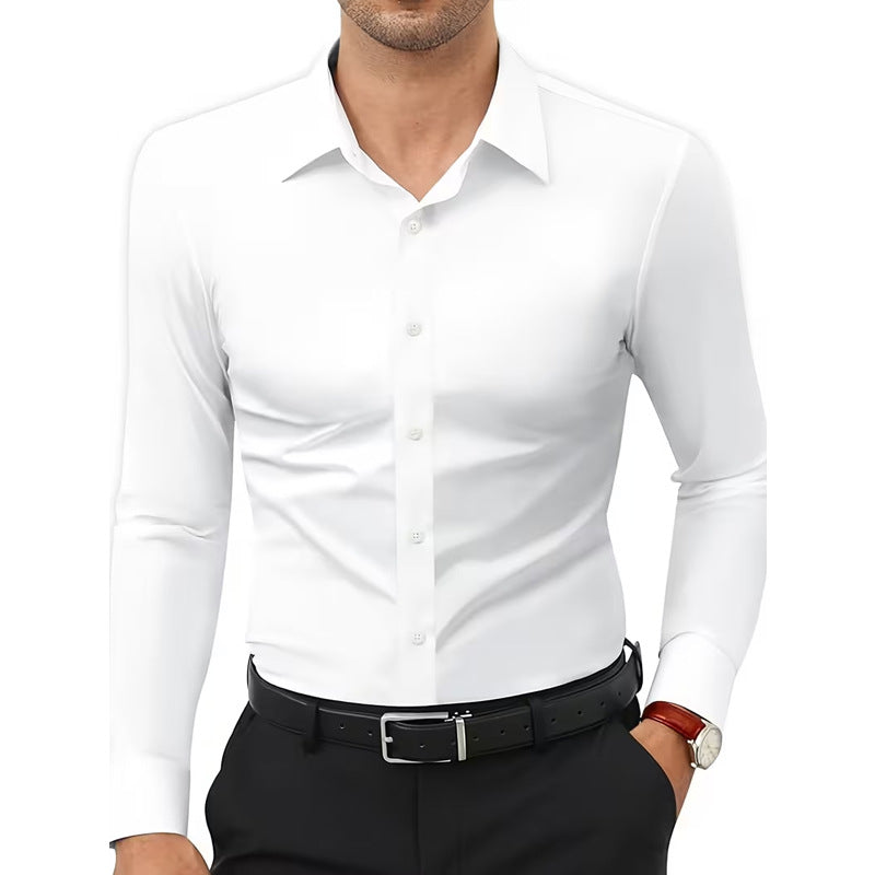 Camisa blanca elástica de manga larga con botones para hombre, tallas grandes.