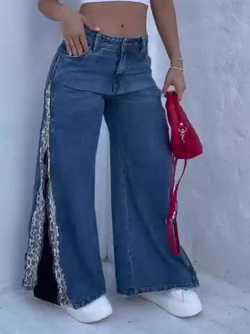 Pantalones vaqueros con cremallera y estampado de leopardo