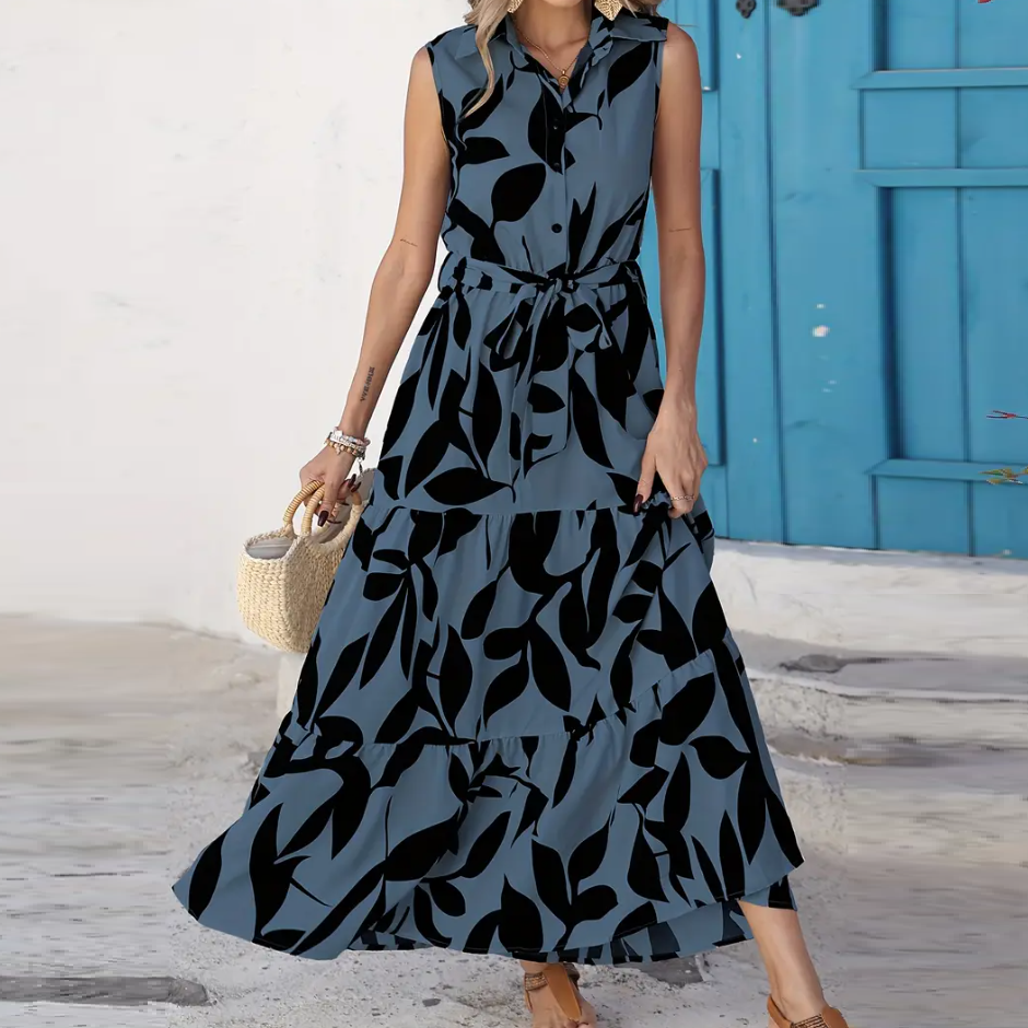 Elegant sleeveless printed shirt dress with ruffled hem