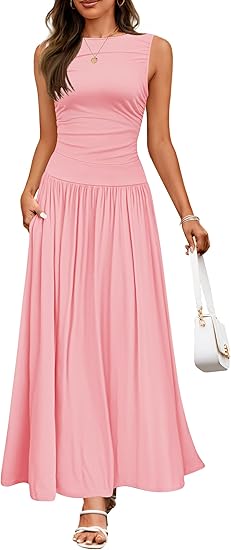 Vestido largo de verano sin mangas para mujer, estilo casual, cuello redondo, plisado, elegante, con bolsillos.