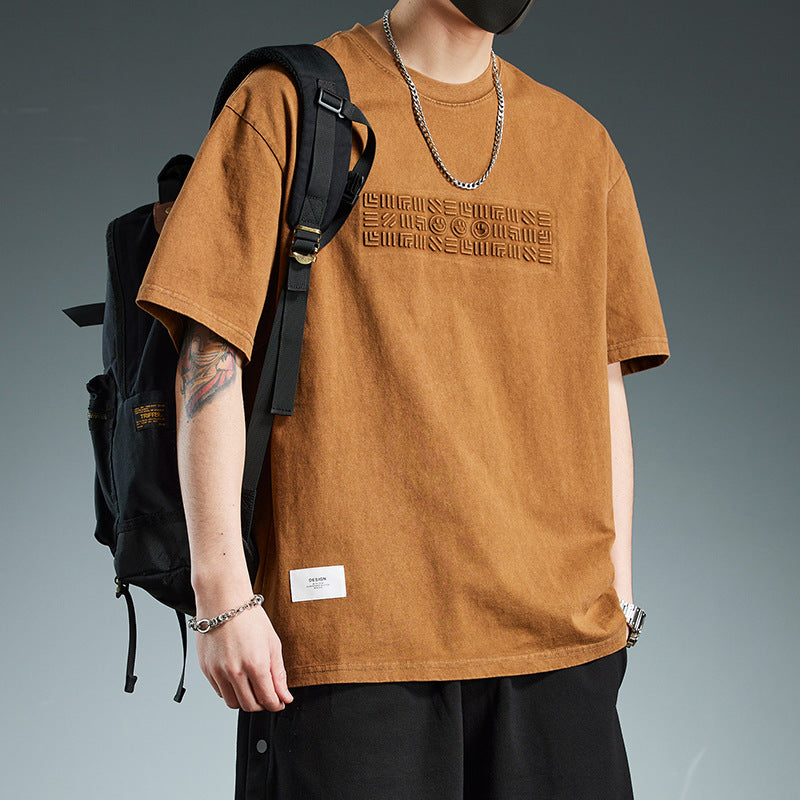 Camiseta de manga corta de tejido grueso, holgada y versátil, de estilo moderno para hombre.