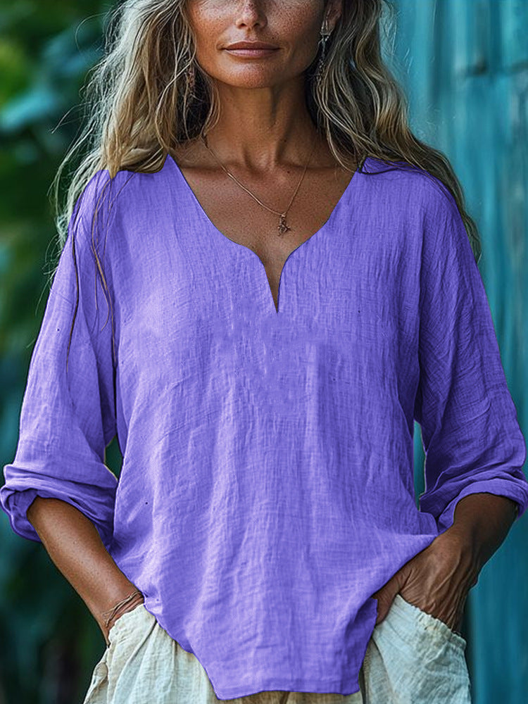 Top de mujer informal holgado de manga larga con cuello en V, de algodón y lino, color liso.