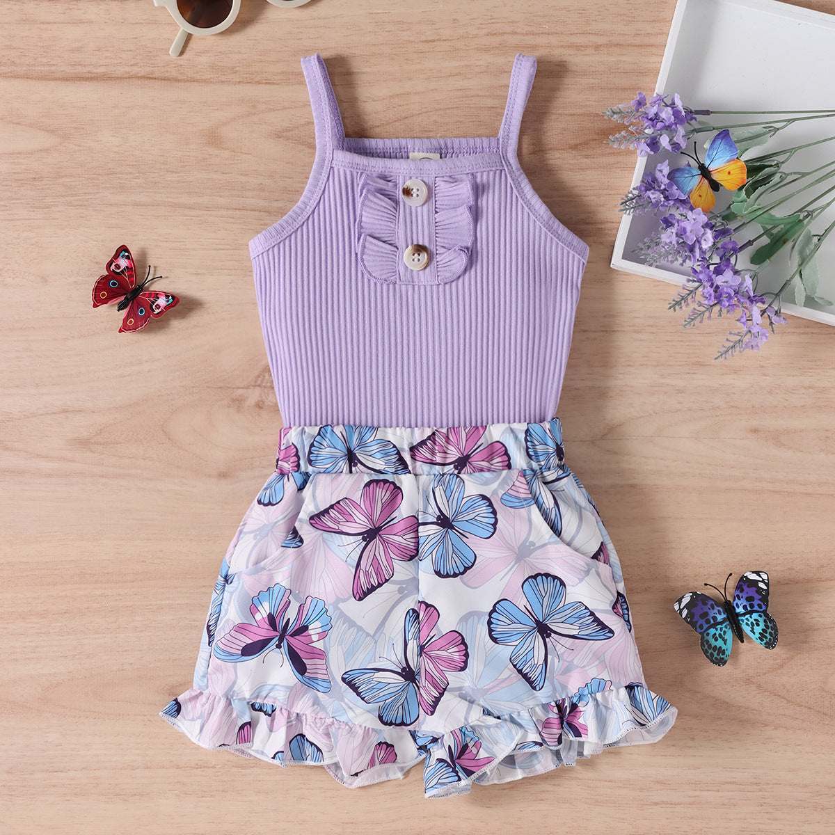 Conjunto Dos Piezas Niña Shorts Morados con Mariposas — Verano