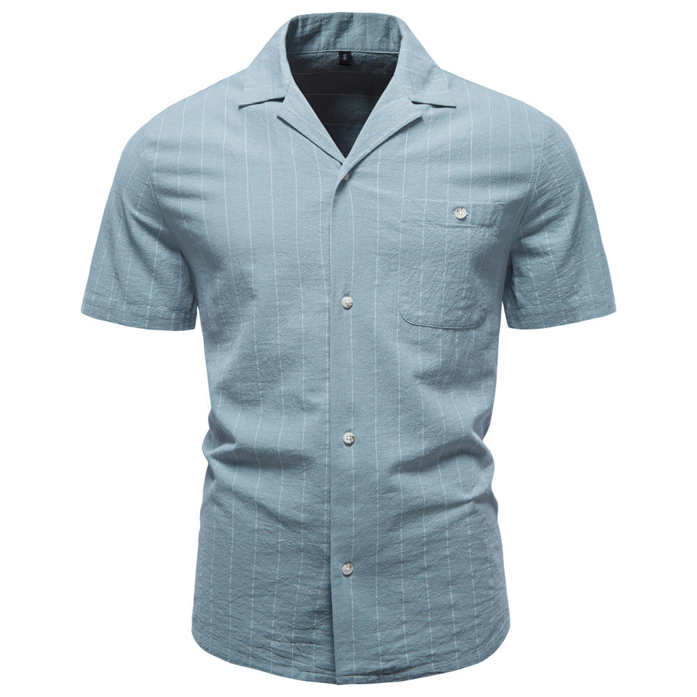 Camisa de algodón a rayas con cuello cubano para hombre.