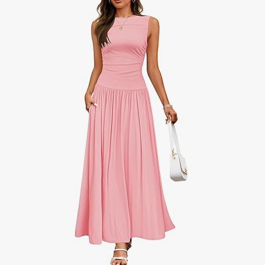 Vestido largo de verano sin mangas para mujer, estilo casual, cuello redondo, plisado, elegante, con bolsillos.
