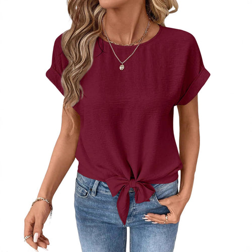 Camisa de manga corta con cuello redondo y bajo anudado