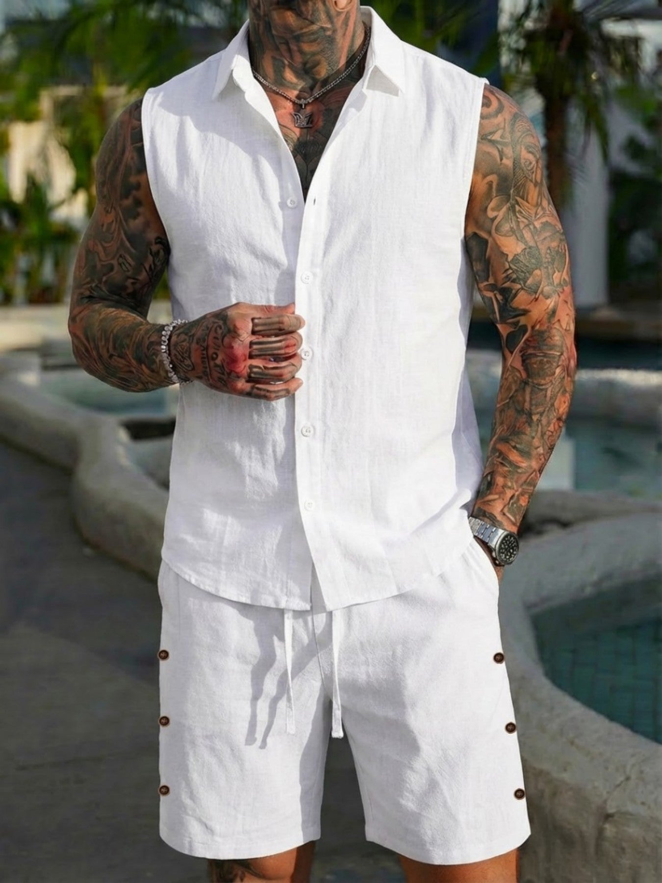 Conjunto fresco de lino para hombre — camisa manga corta y shorts