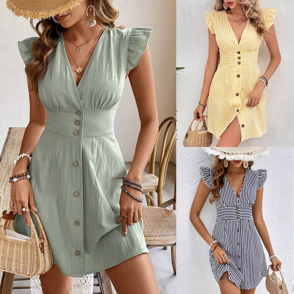 Women's Summer Shirt Dress with V-neck, Single Button Closure and Fly Sleeves, with Elegant Striped Print and Splicing Details