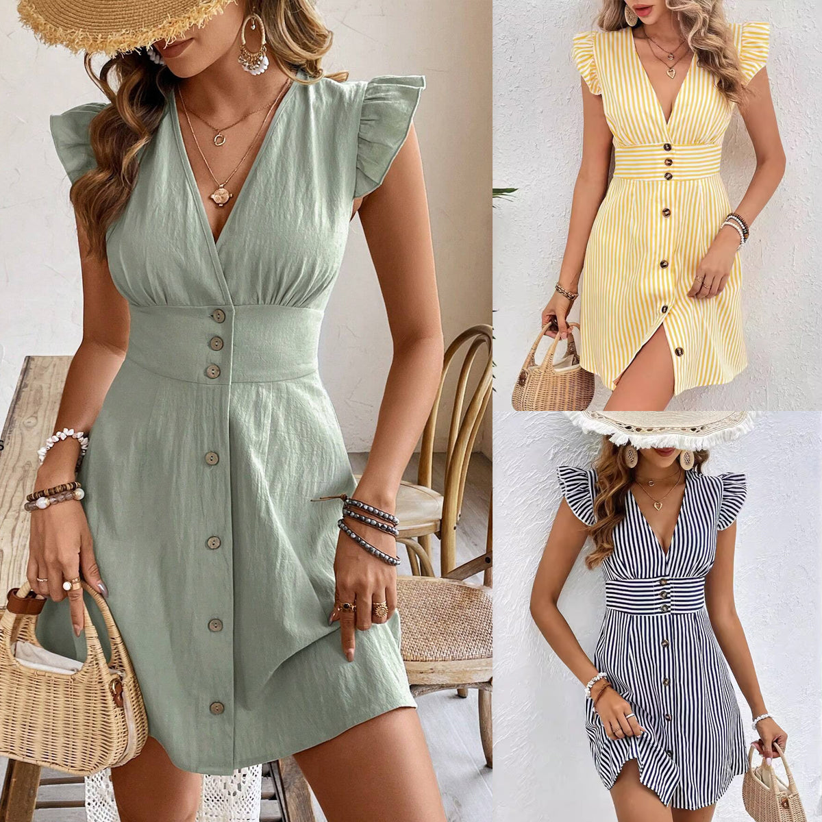 Women's Summer Shirt Dress with V-neck, Single Button Closure and Fly Sleeves, with Elegant Striped Print and Splicing Details
