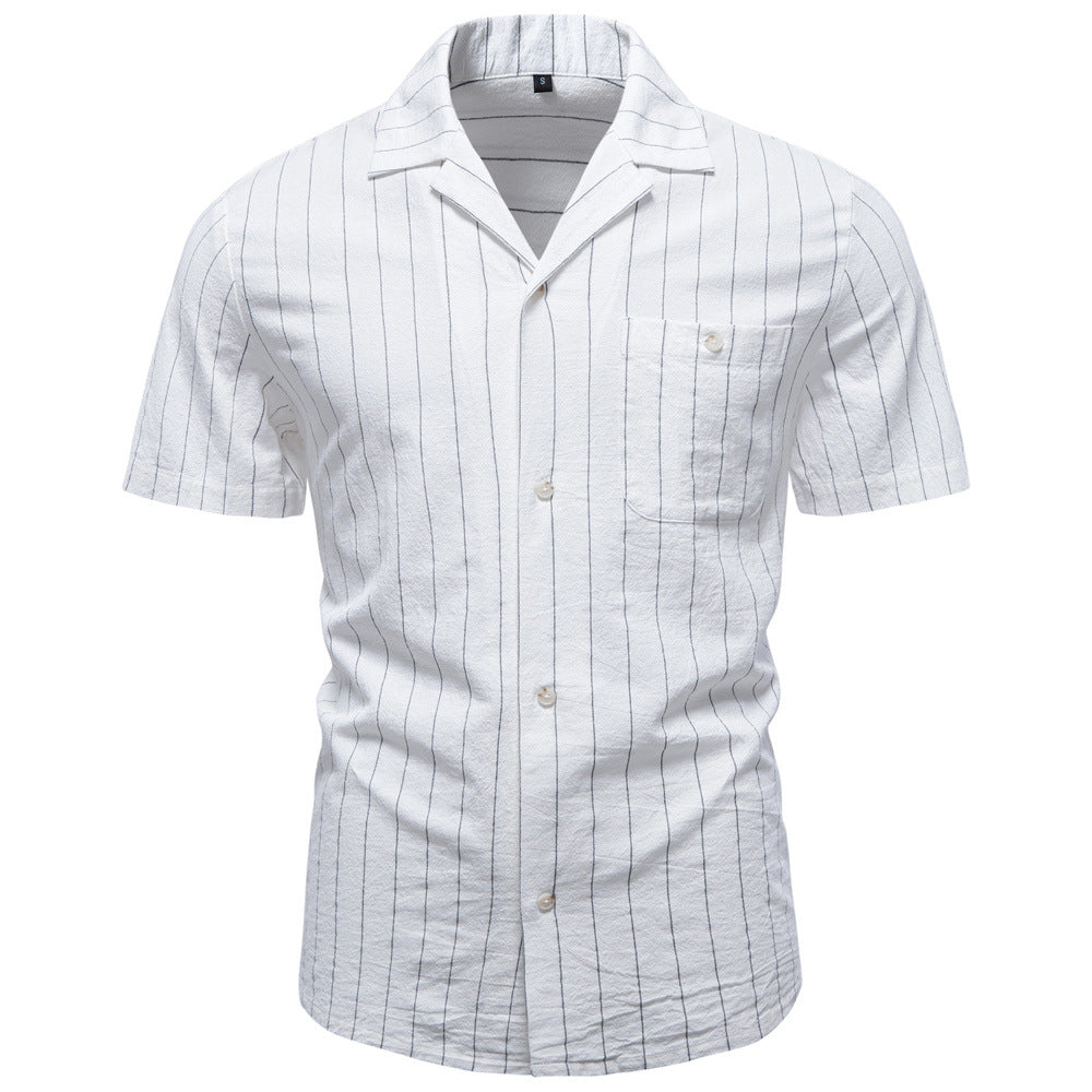 Camisa de algodón a rayas con cuello cubano para hombre.