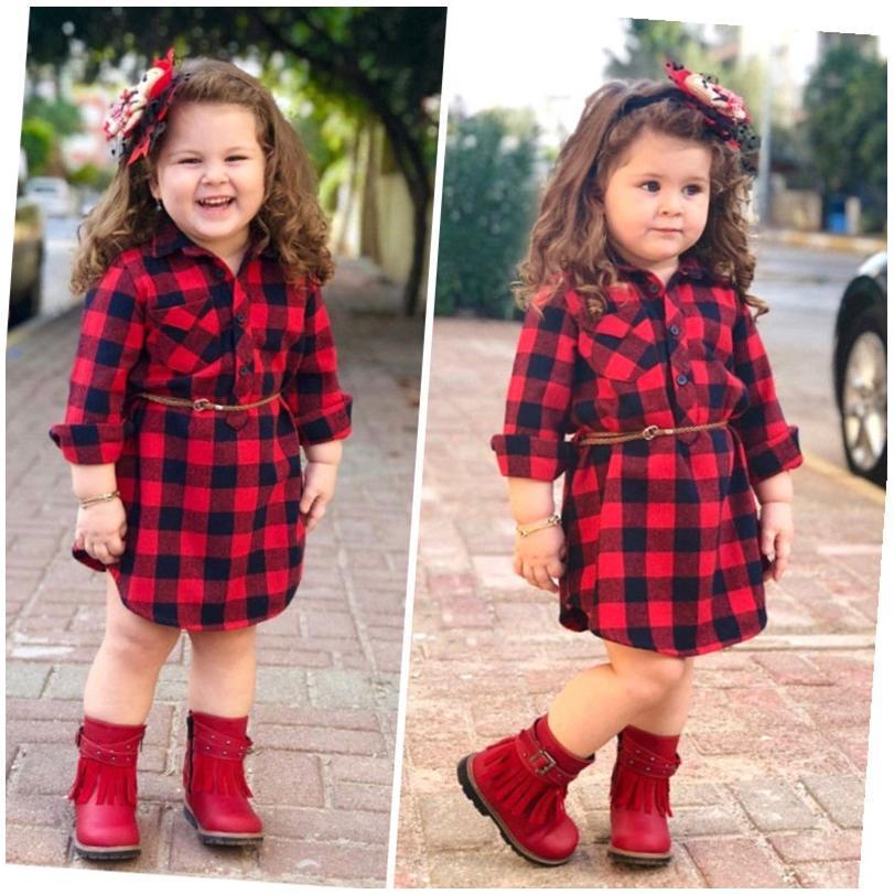 Vestido Rojo de Cuadros con Cinturón para Niña 1-3 Años